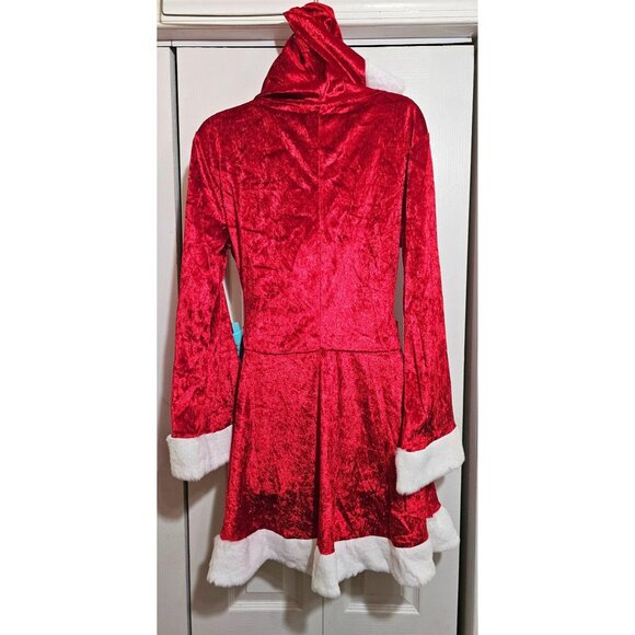 Sassy Santa Costume Sexy Mrs Claus Hooded Dress Faux Fur Boot Toppers Christmas - Picture 3 of 7